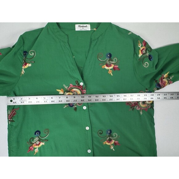 Kindred Anthropologie Blouse Womens Medium Kelly Green Embroidered Floral Boho - Picture 8 of 13